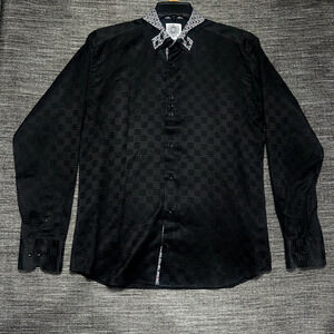 deMarcus Luxury Button Up Dress Shirt Men's 4 Black Plaid Long Sleeve